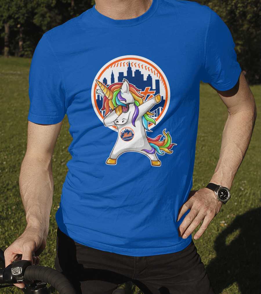 New York Mets Unicorn Dabbing Rainbow Skyline Baseball T-Shirt