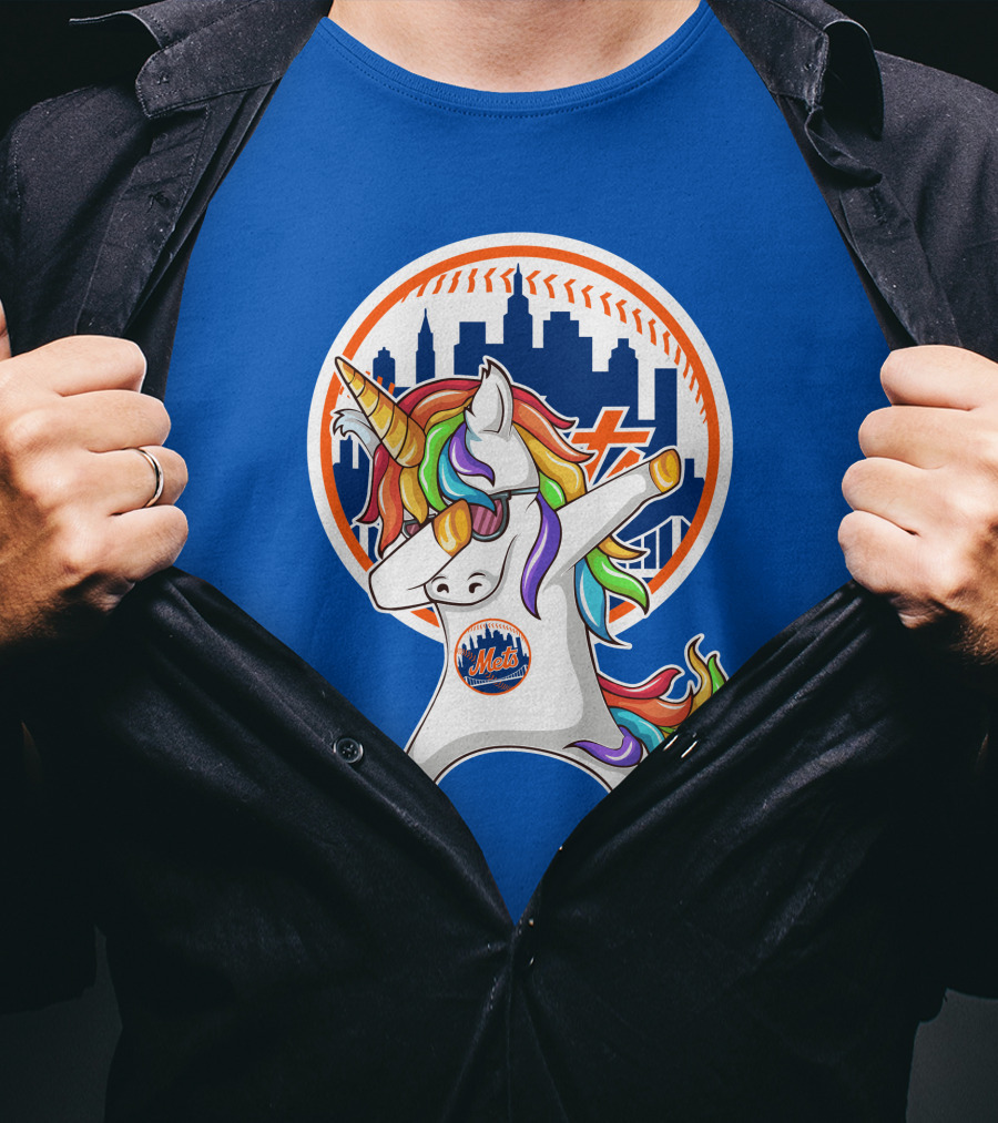 New York Mets Unicorn Dabbing Rainbow Skyline Baseball T-Shirt