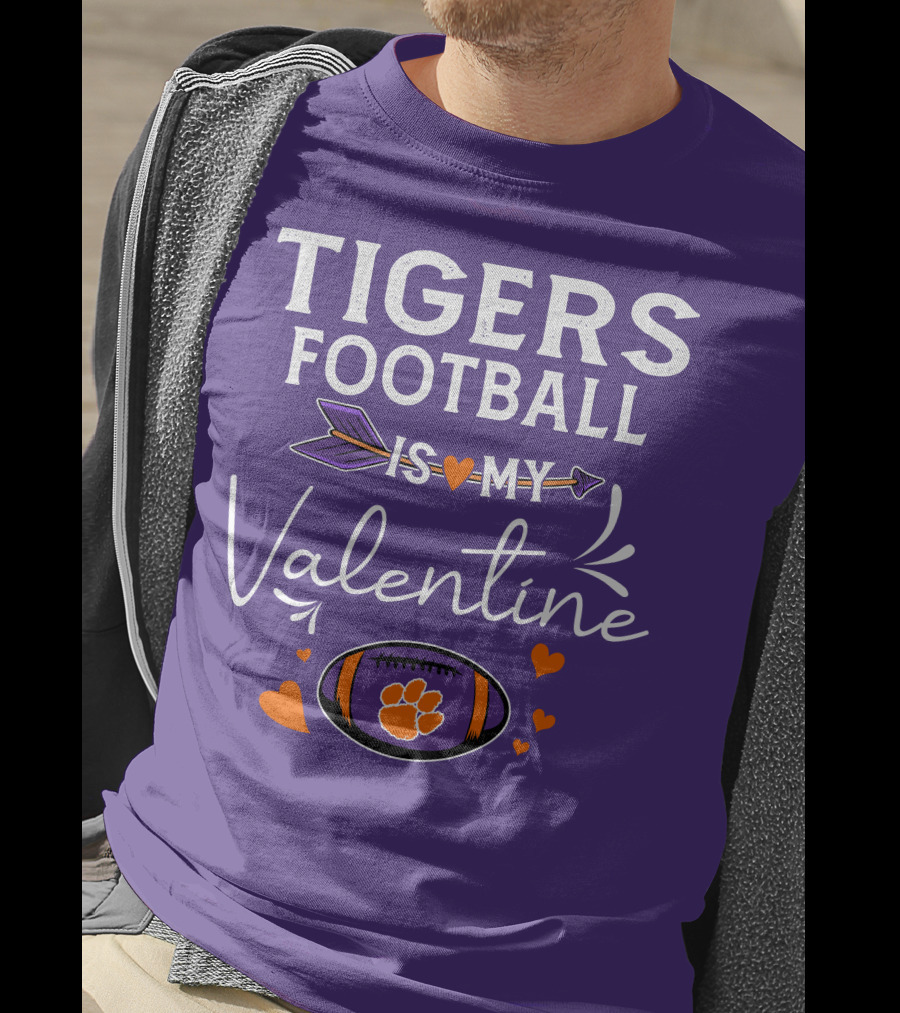 Tigers Football Is My Valentine With Paw Print And Hearts T-Shirt