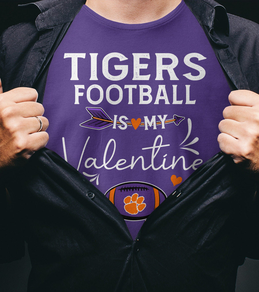 Tigers Football Is My Valentine With Paw Print And Hearts T-Shirt