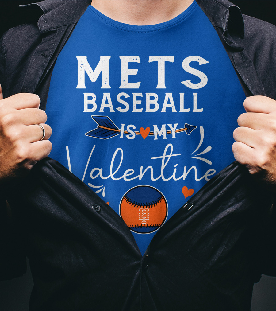 Mets Baseball Is My Valentine Orange Blue Hearts And Baseball T-Shirt