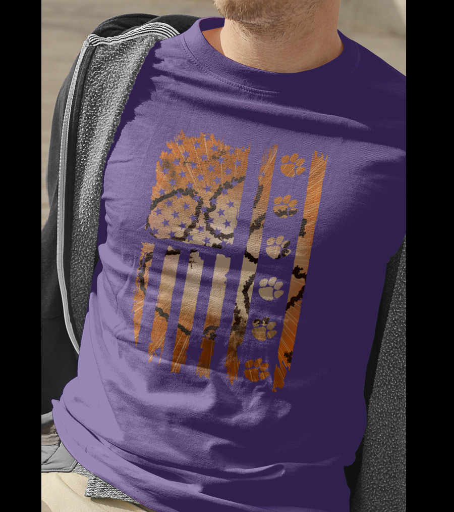 Clemson Tigers Paw Print American Flag T-Shirt