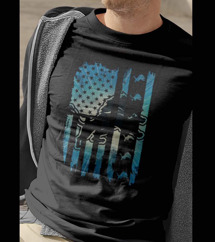Detroit Lions American Flag Blue Starburst T-Shirt