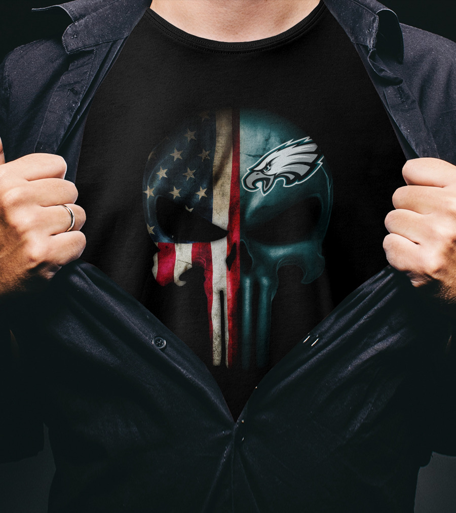 American Flag Punisher Skull With Philadelphia Eagles T-Shirt
