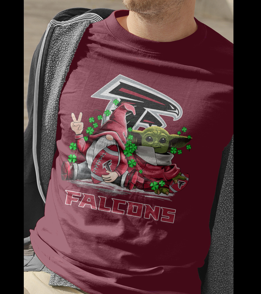 Leprechauns Gnomes Baby Yoda Hug Atlanta Falcons Shamrock Football T-Shirt