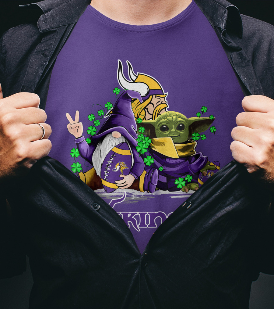 Leprechauns Gnomes Baby Yoda Hug Vikings Football Team T-Shirt