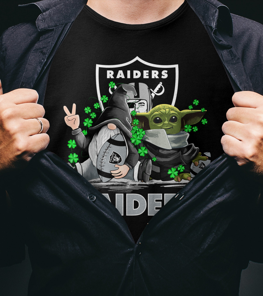 Leprechauns Gnomes Baby Yoda Hug Raiders Football Peace Shamrocks T-Shirt