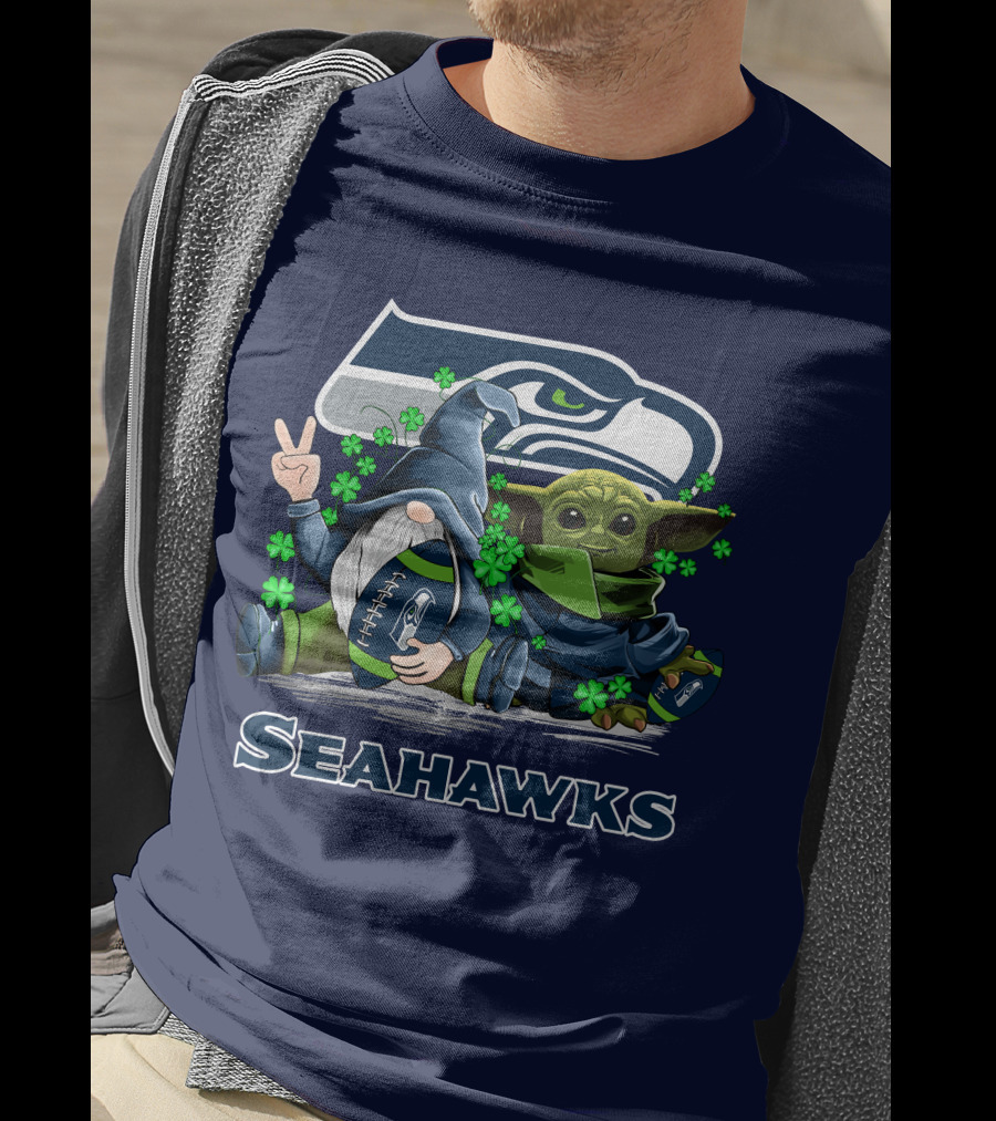 Leprechauns Gnomes Baby Yoda Seattle Seahawks Hug Football T-Shirt