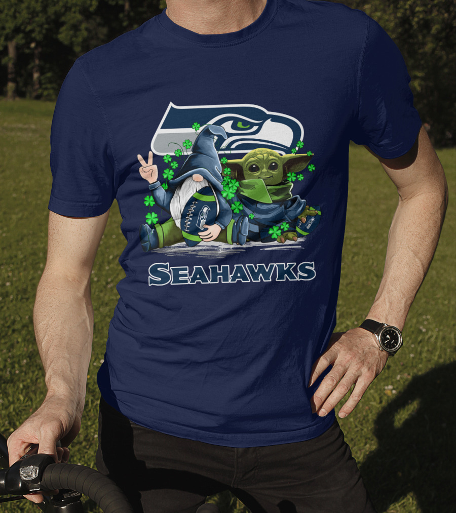 Leprechauns Gnomes Baby Yoda Seattle Seahawks Hug Football T-Shirt