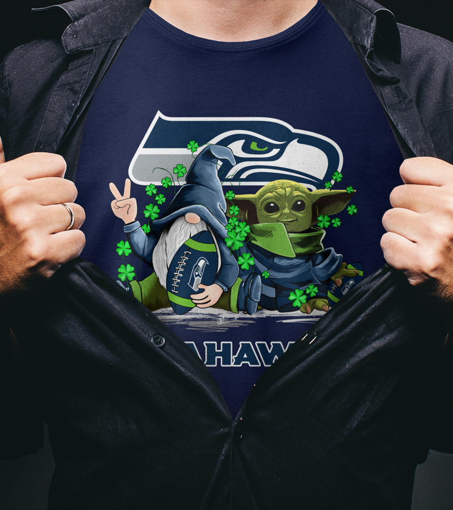 Leprechauns Gnomes Baby Yoda Seattle Seahawks Hug Football T-Shirt