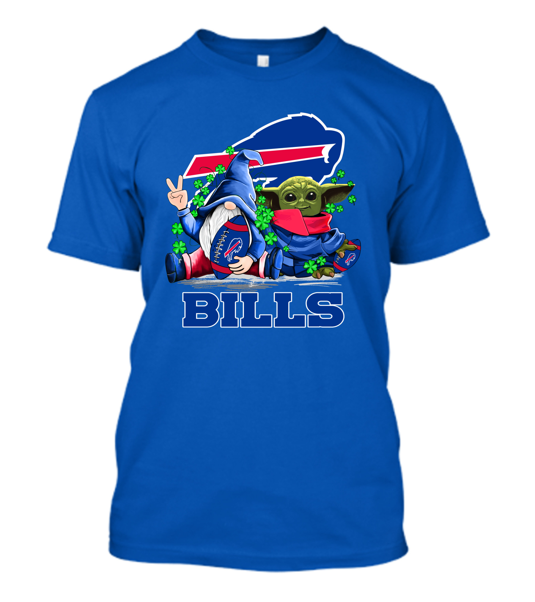 Leprechauns Gnomes Baby Yoda Hug Buffalo Bills Football Team Logo Shamrocks T-Shirt