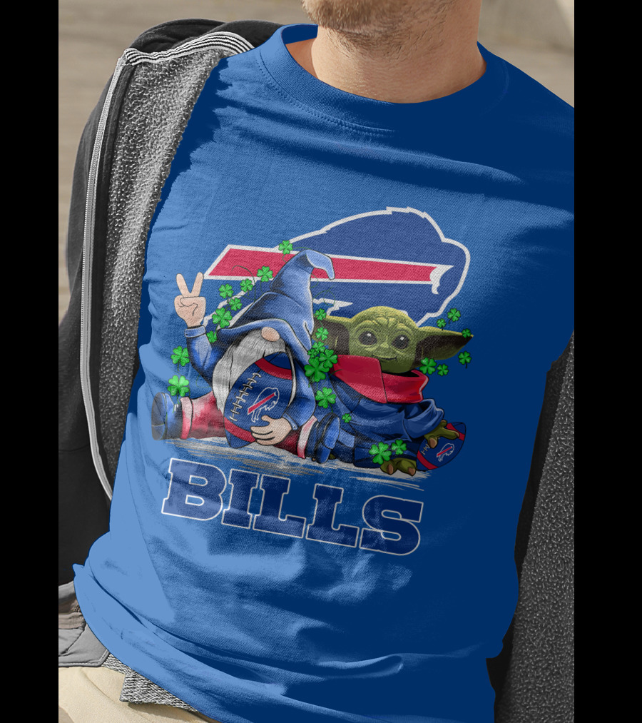 Leprechauns Gnomes Baby Yoda Hug Buffalo Bills Football Team Logo Shamrocks T-Shirt
