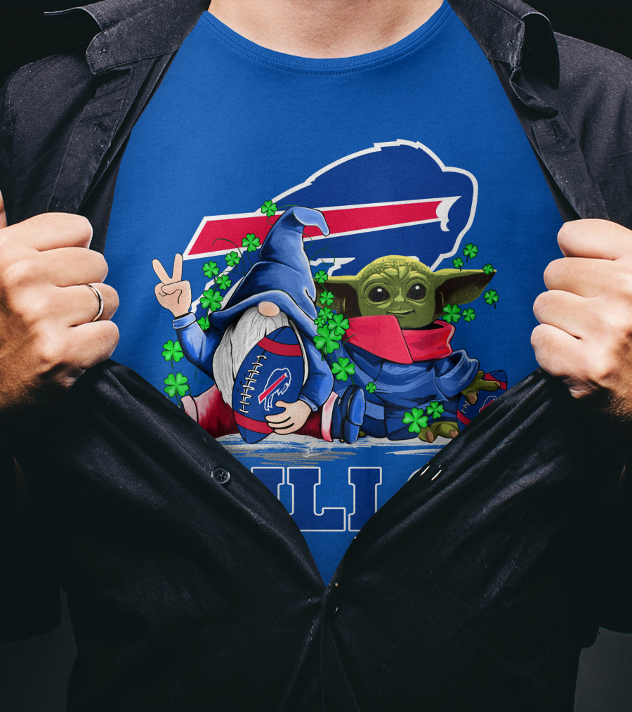 Leprechauns Gnomes Baby Yoda Hug Buffalo Bills Football Team Logo Shamrocks T-Shirt