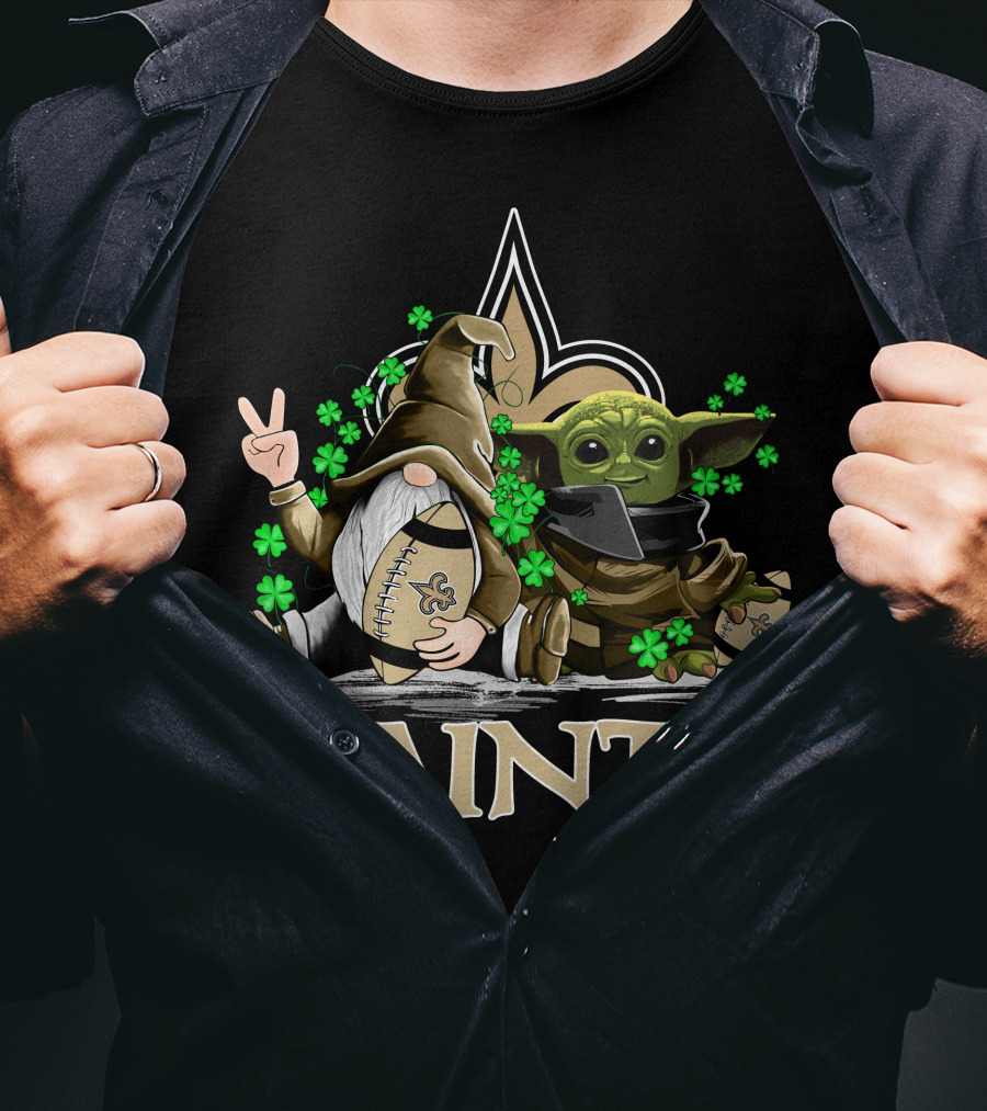 Leprechauns Gnomes Baby Yoda New Orleans Saints Football Shamrocks T-Shirt