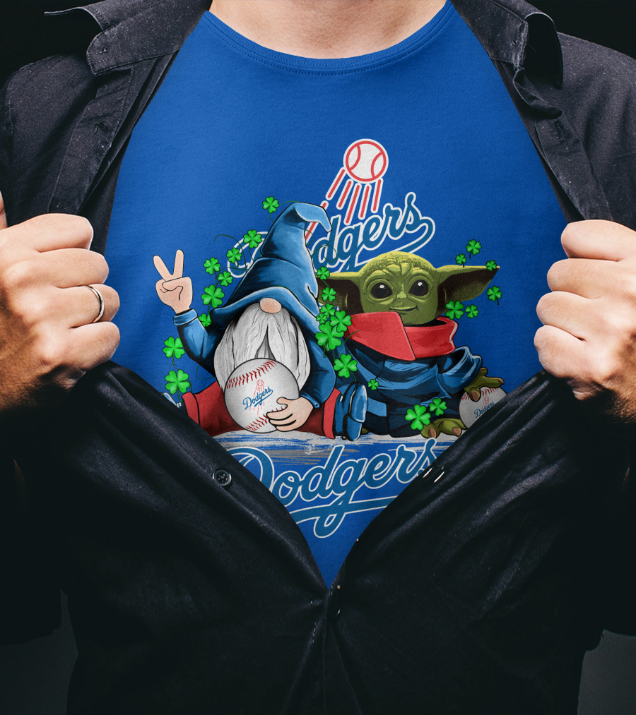 Dodgers Gnomes And Baby Yoda With Baseball And Shamrocks T-Shirt