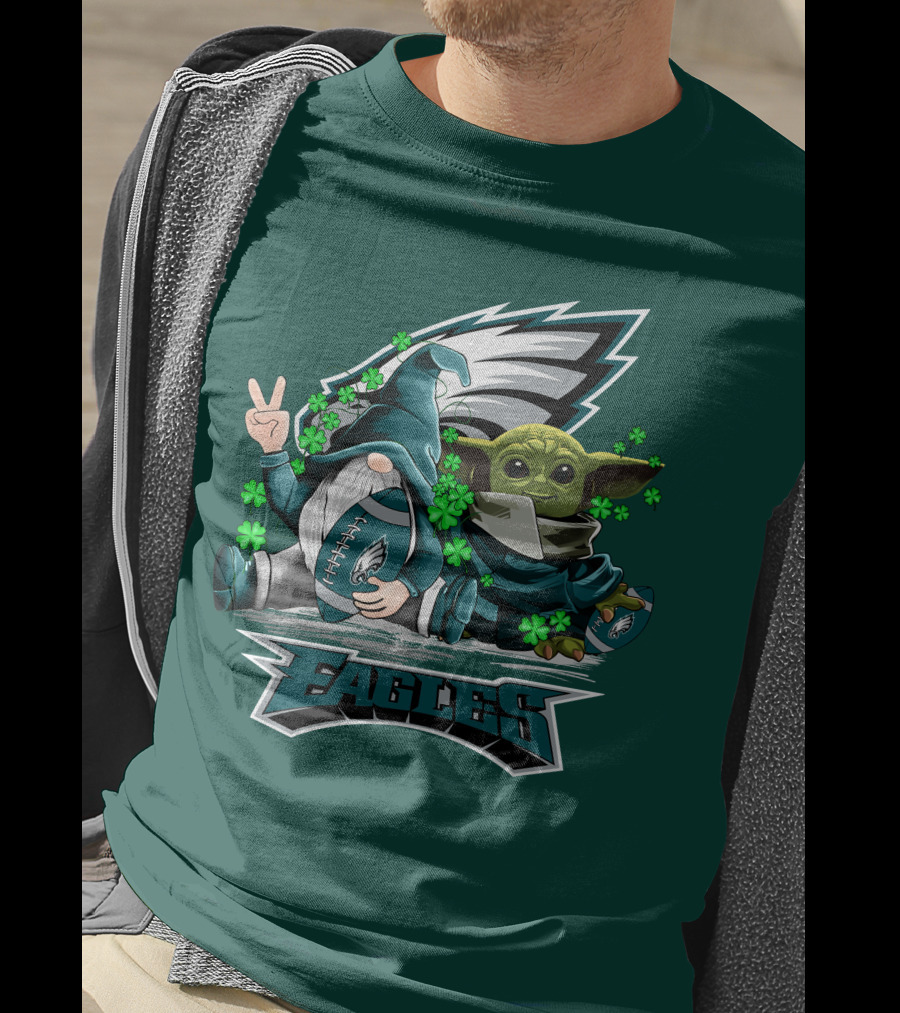 Philadelphia Eagles Leprechauns Gnomes Baby Yoda Hug Football T-Shirt