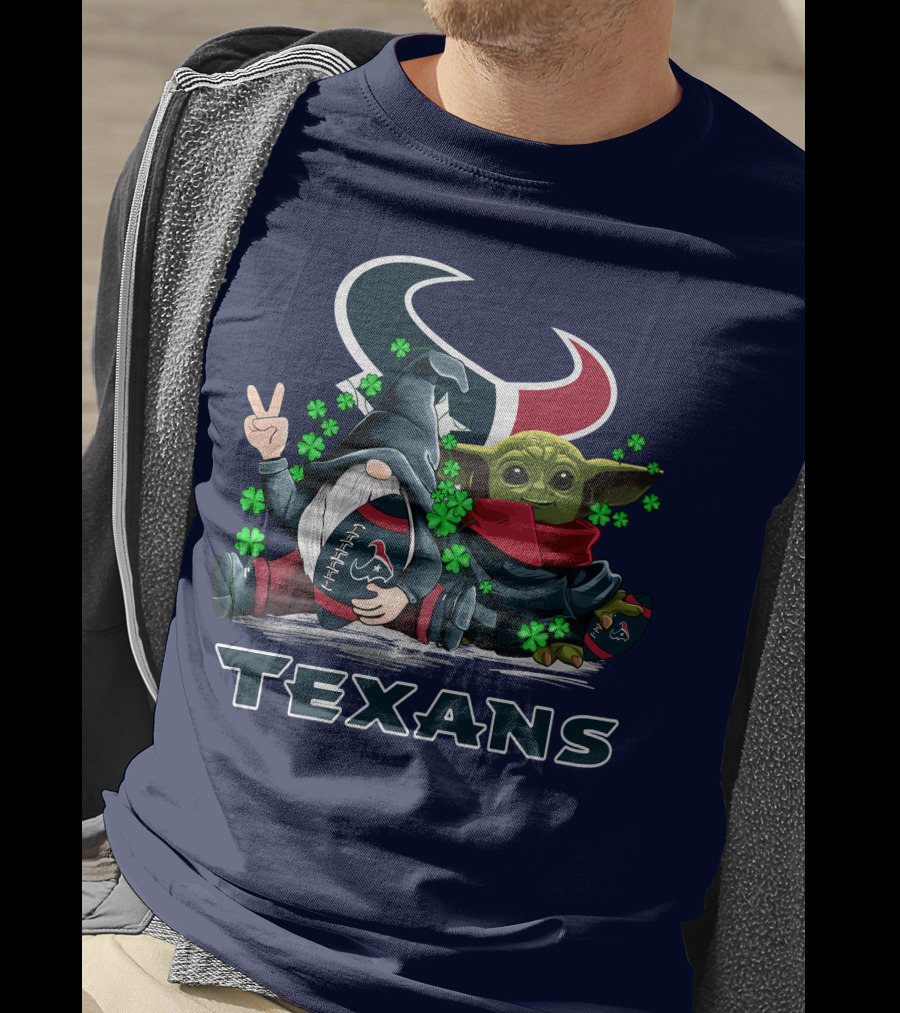 Leprechauns Gnomes Baby Yoda Houston Texans Football Clover T-Shirt