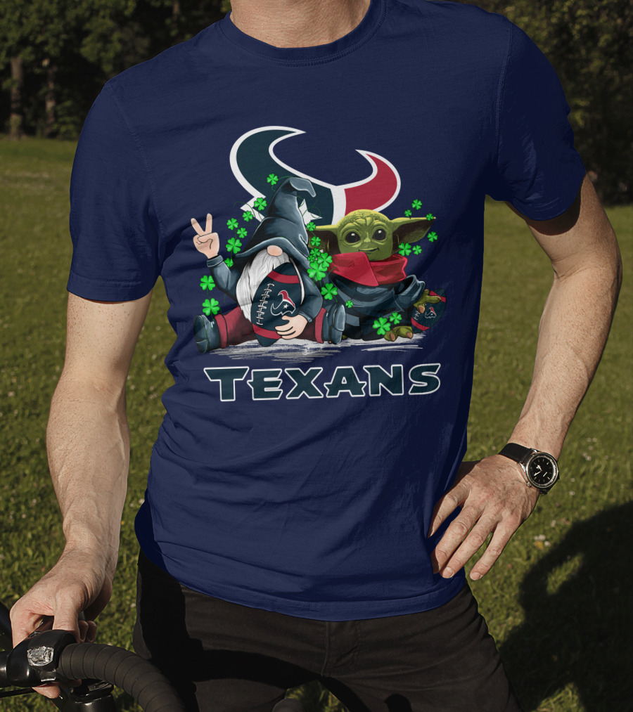 Leprechauns Gnomes Baby Yoda Houston Texans Football Clover T-Shirt