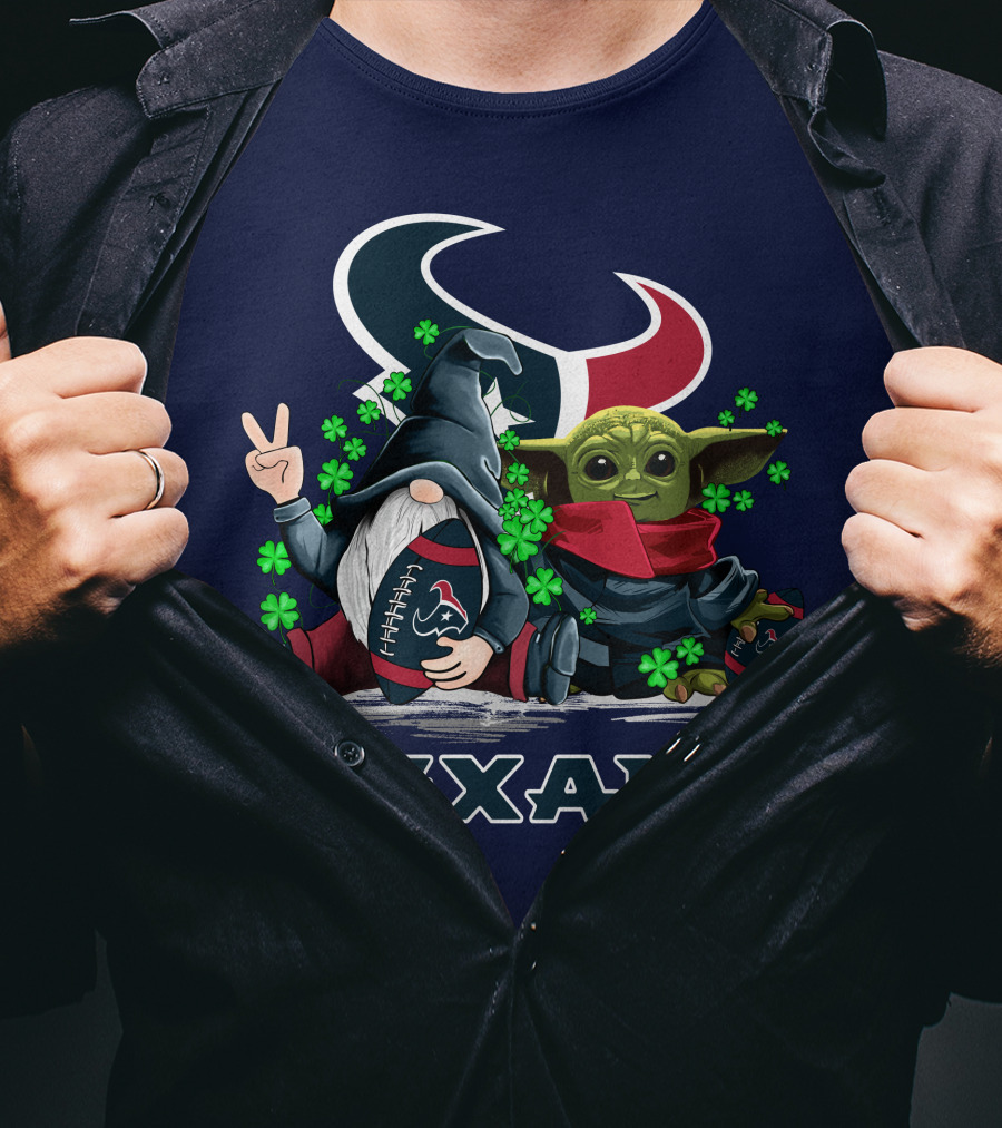 Leprechauns Gnomes Baby Yoda Houston Texans Football Clover T-Shirt