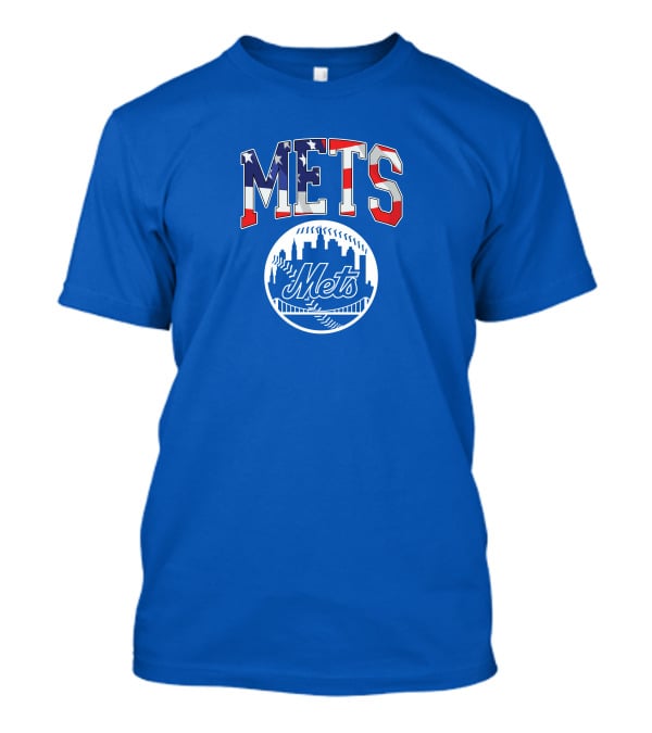 Mets American Flag Skyline Baseball T-Shirt