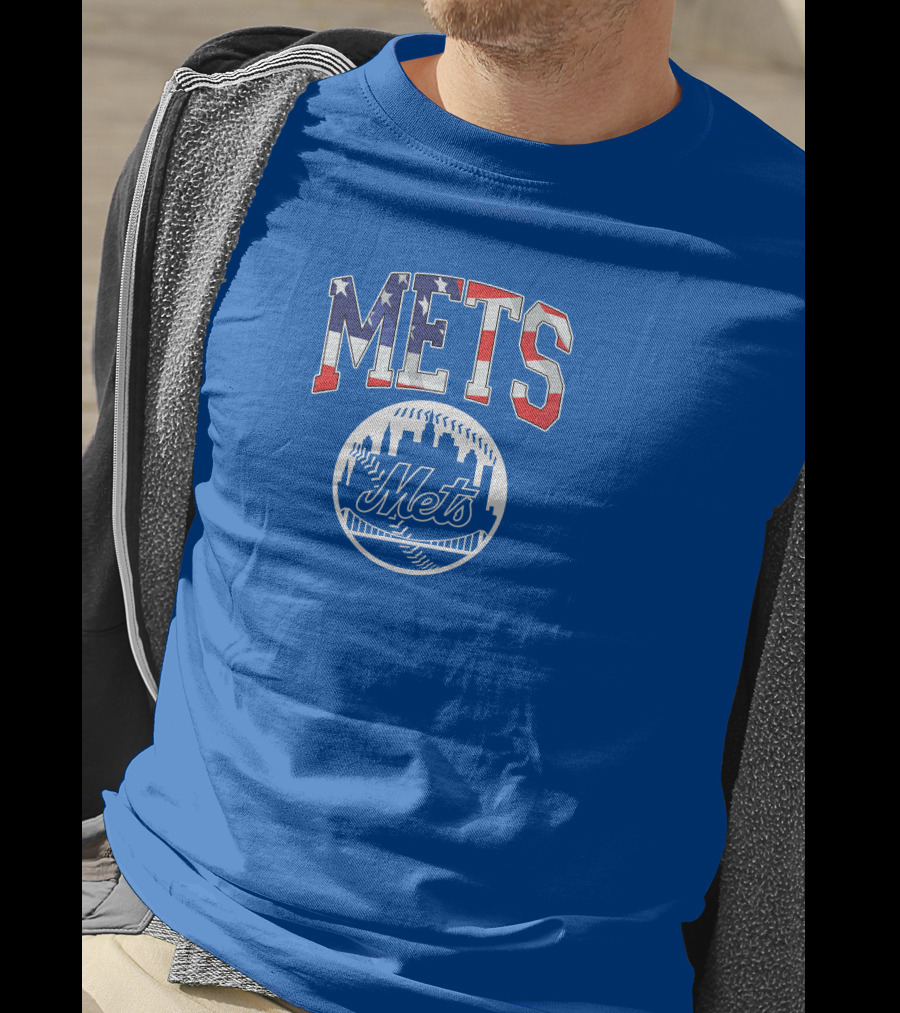 Mets American Flag Skyline Baseball T-Shirt
