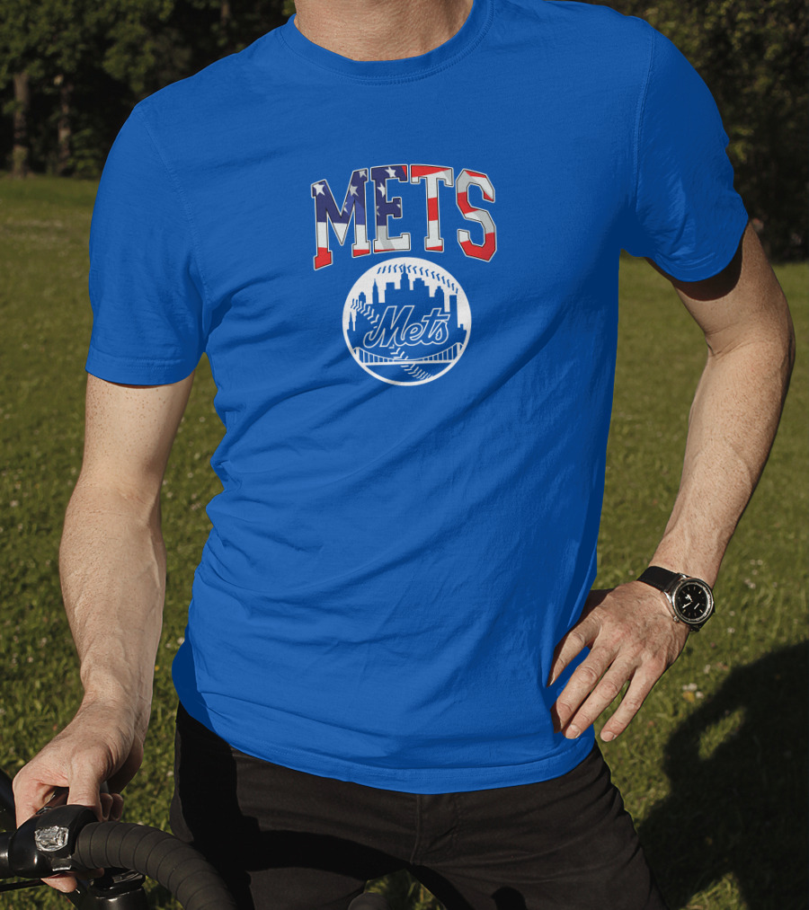 Mets American Flag Skyline Baseball T-Shirt