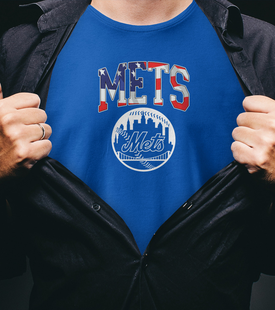 Mets American Flag Skyline Baseball T-Shirt