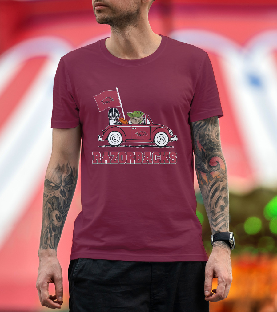 Arkansas Razorbacks Darth Vader Baby Yoda Driving Star Wars Car T-Shirt