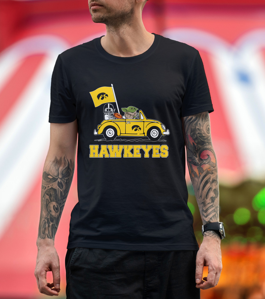 Iowa Hawkeyes Darth Vader Baby Yoda Driving Yellow Car Star Wars T-Shirt