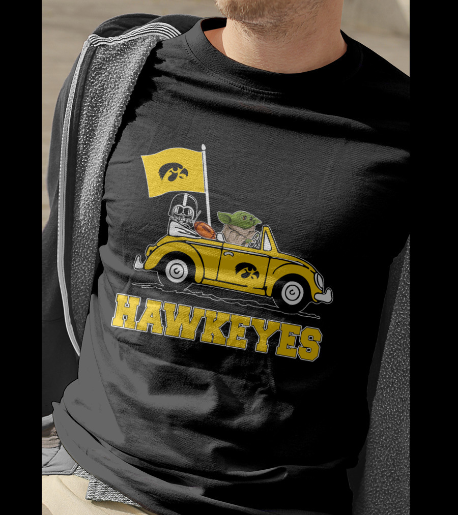 Iowa Hawkeyes Darth Vader Baby Yoda Driving Yellow Car Star Wars T-Shirt