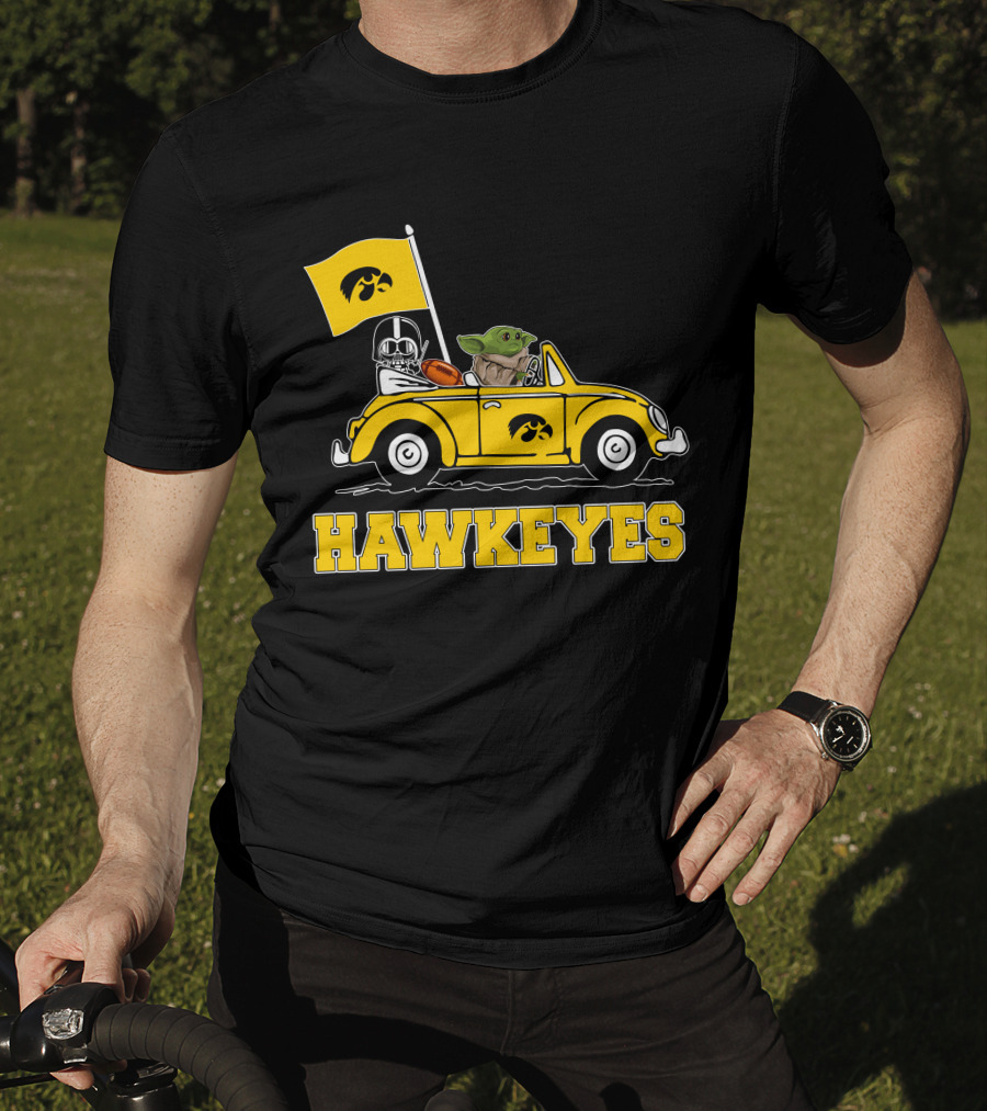 Iowa Hawkeyes Darth Vader Baby Yoda Driving Yellow Car Star Wars T-Shirt