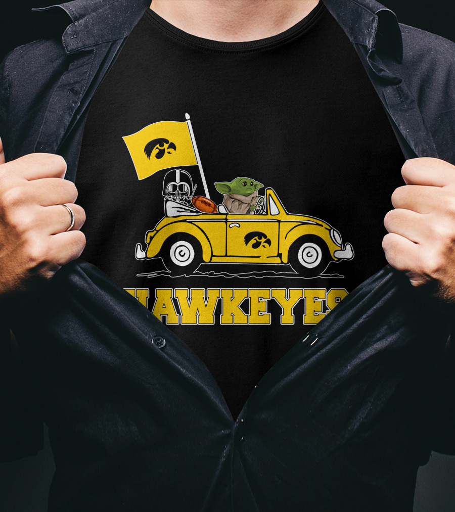 Iowa Hawkeyes Darth Vader Baby Yoda Driving Yellow Car Star Wars T-Shirt