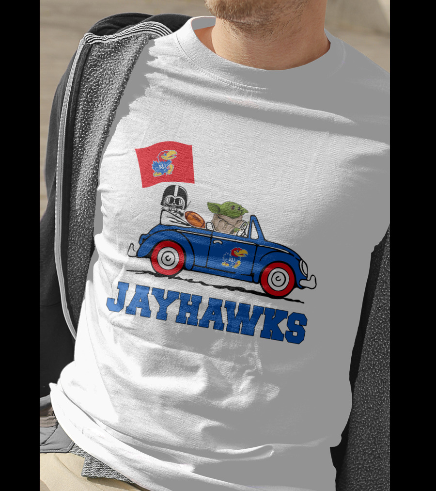 Kansas Jayhawks Darth Vader Baby Yoda Driving With Flag Star Wars Football T-Shirt