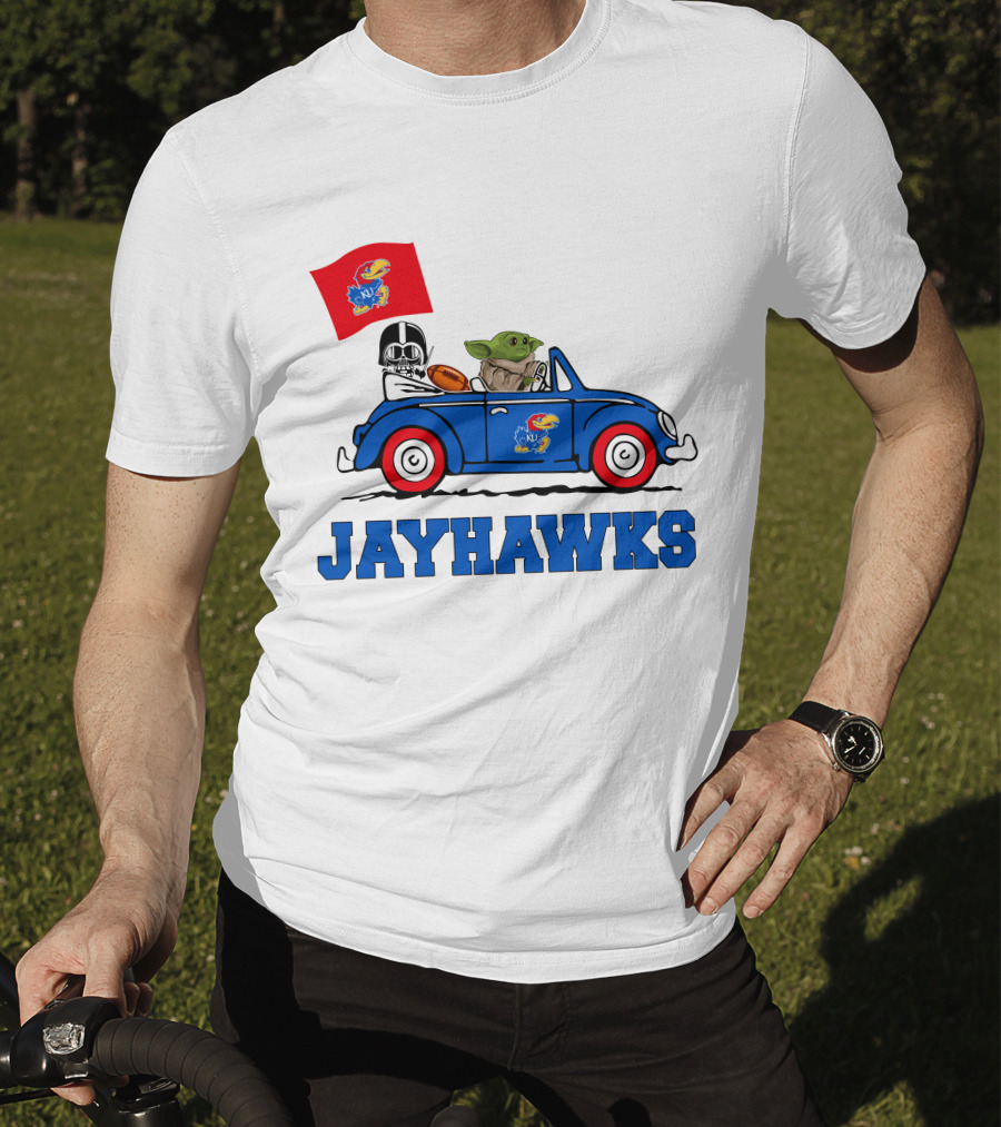 Kansas Jayhawks Darth Vader Baby Yoda Driving With Flag Star Wars Football T-Shirt