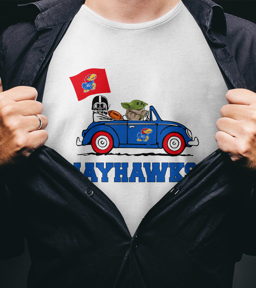Kansas Jayhawks Darth Vader Baby Yoda Driving With Flag Star Wars Football T-Shirt