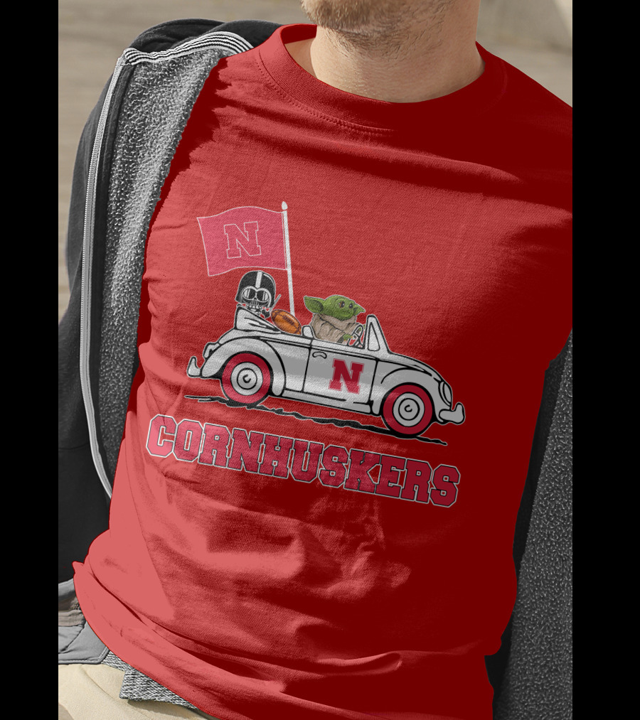 Cornhuskers Darth Vader Baby Yoda Driving Nebraska Car Star Wars T-Shirt