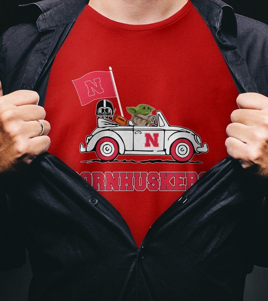 Cornhuskers Darth Vader Baby Yoda Driving Nebraska Car Star Wars T-Shirt