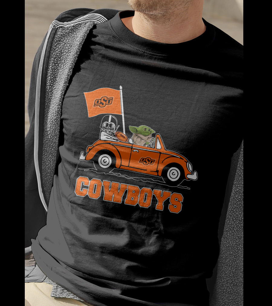 Oklahoma State Cowboys Darth Vader Baby Yoda Driving OsU Flag T-Shirt