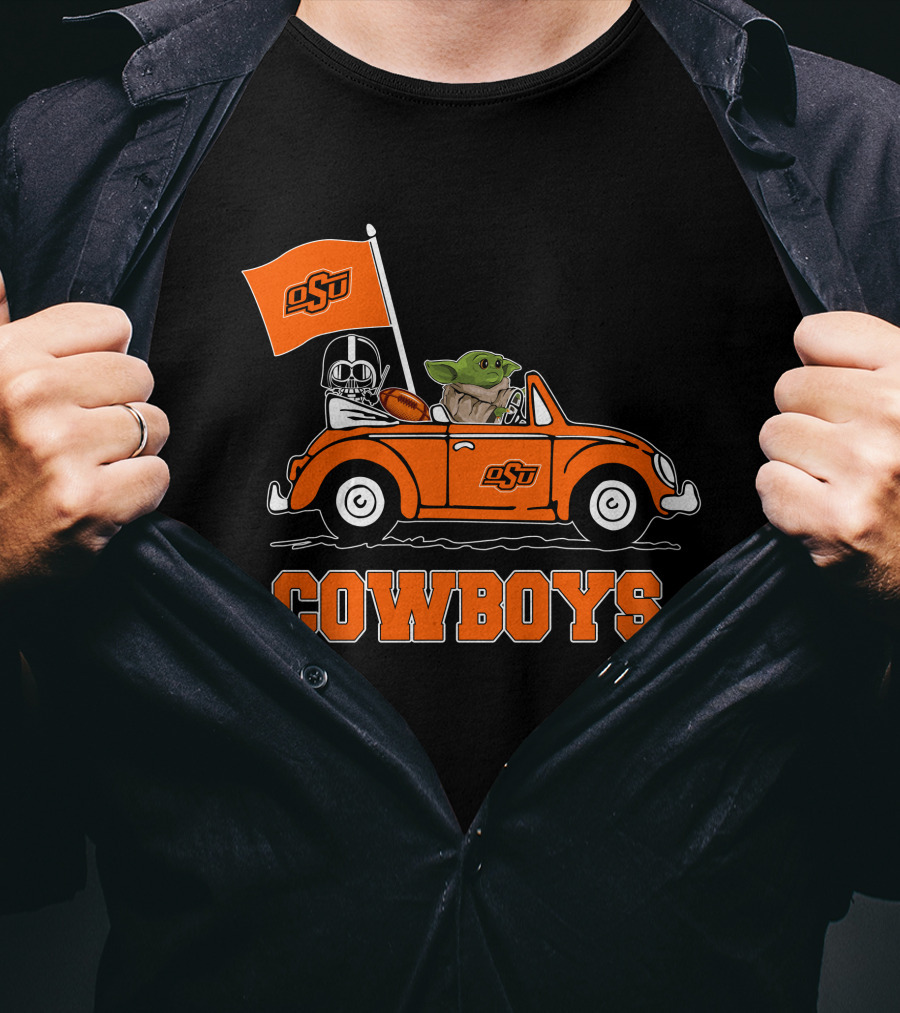 Oklahoma State Cowboys Darth Vader Baby Yoda Driving OsU Flag T-Shirt