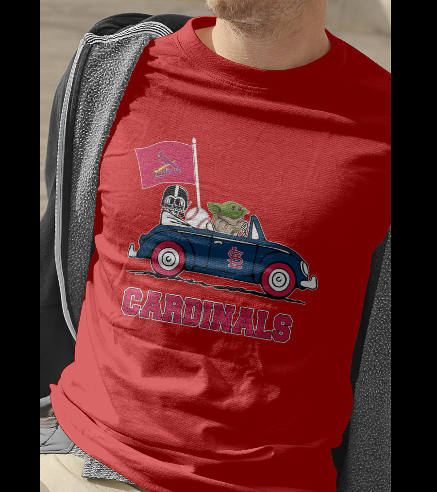 St Louis Cardinals Darth Vader Baby Yoda Driving Car Star Wars Baseball T-Shirt
