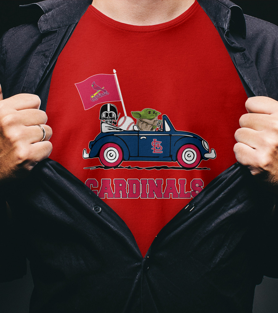 St Louis Cardinals Darth Vader Baby Yoda Driving Car Star Wars Baseball T-Shirt