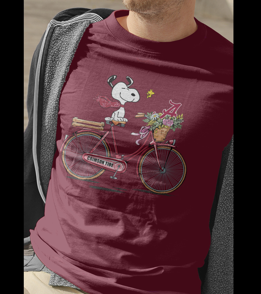Alabama Crimson Tide Snoopy On Bicycle With Flowers And Woodstock T-Shirt