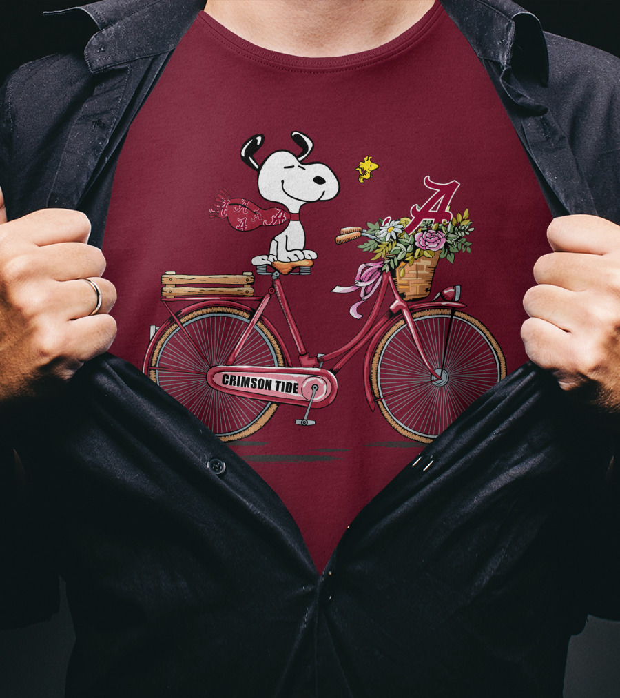 Alabama Crimson Tide Snoopy On Bicycle With Flowers And Woodstock T-Shirt