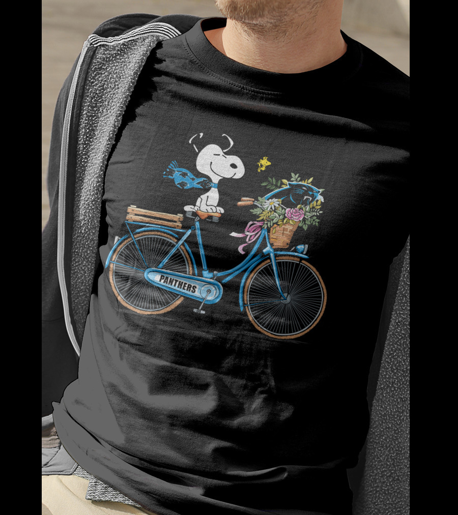 Panthers Snoopy On Bicycle With Flowers And Woodstock T-Shirt