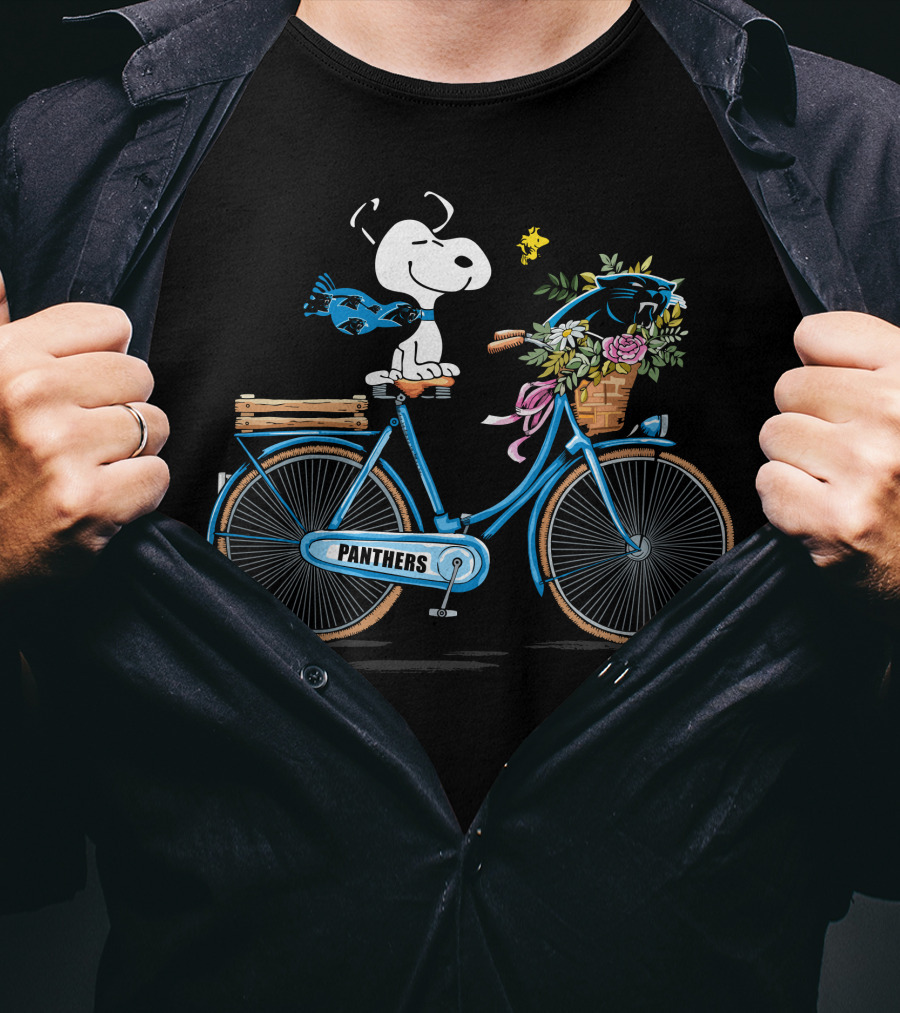 Panthers Snoopy On Bicycle With Flowers And Woodstock T-Shirt