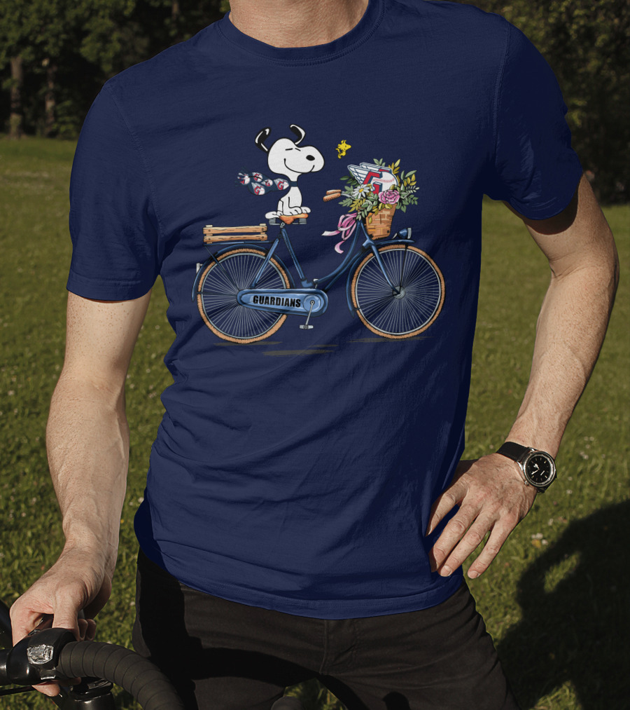 Cleveland Guardians Snoopy Riding Bicycle With Flowers And Baseball Bow Tie T-Shirt