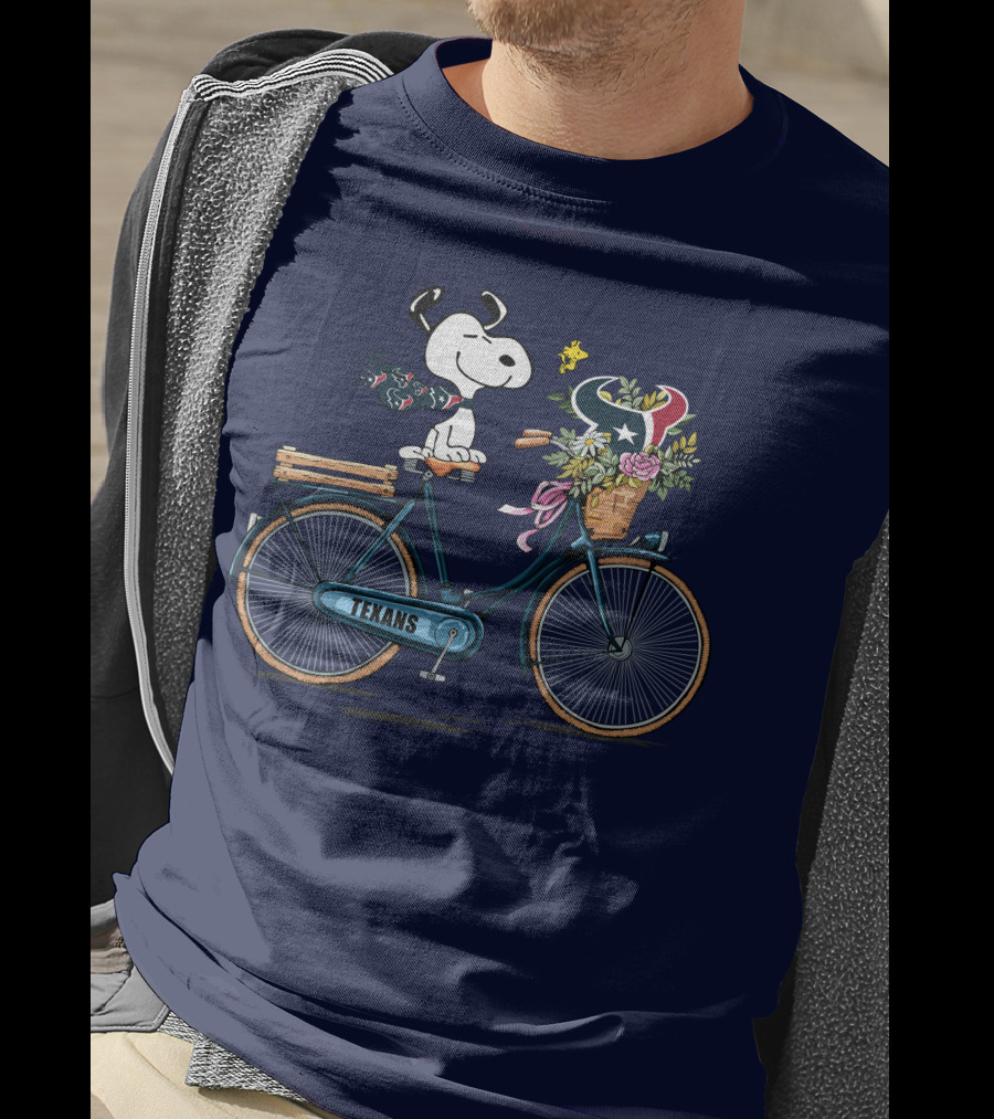 Texans Snoopy Bike Ride With Houston Logo And Flowers T-Shirt
