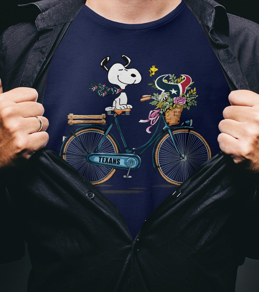 Texans Snoopy Bike Ride With Houston Logo And Flowers T-Shirt