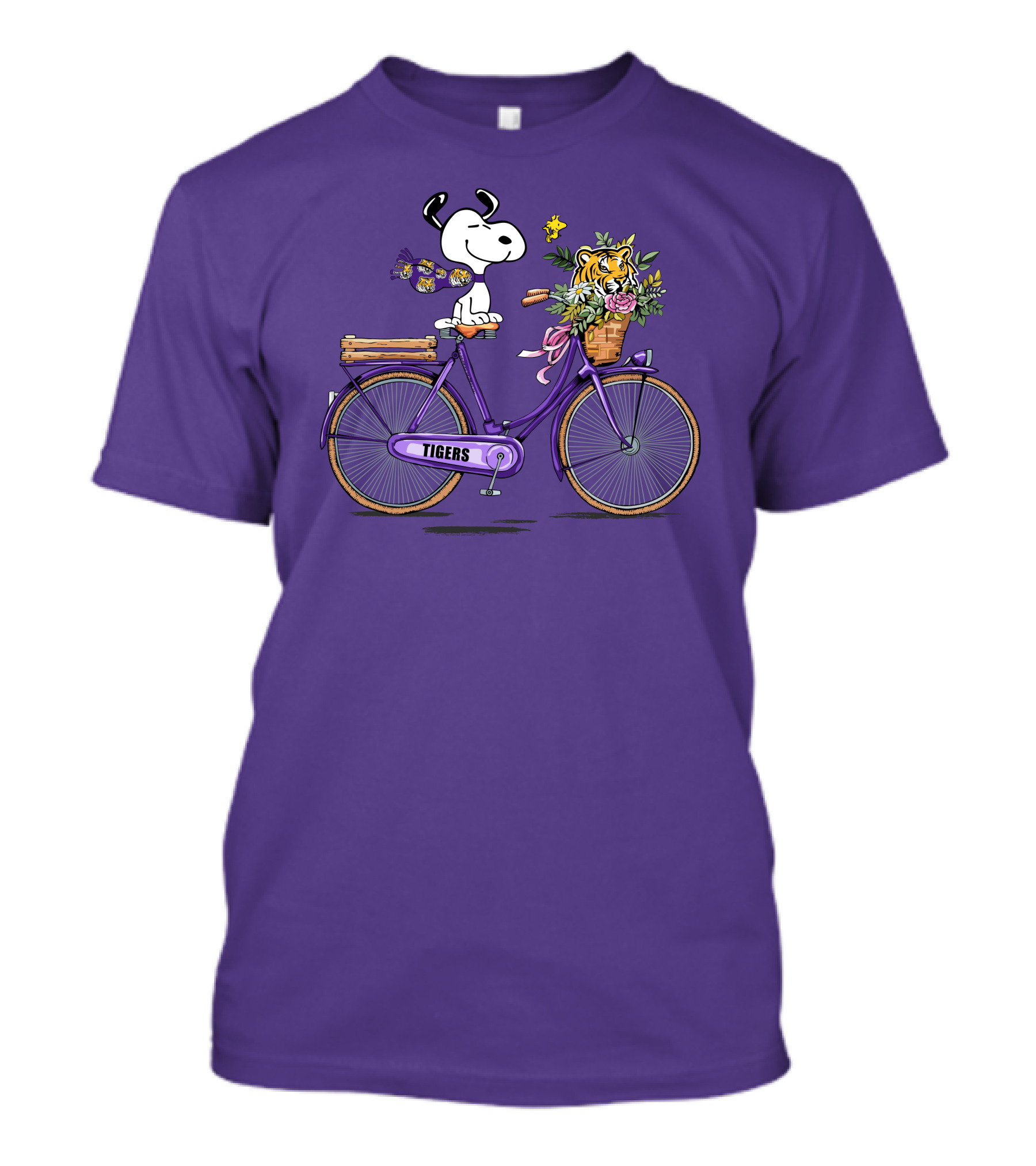 Snoopy Riding Purple Bicycle With LSU Tigers Bouquet T-Shirt