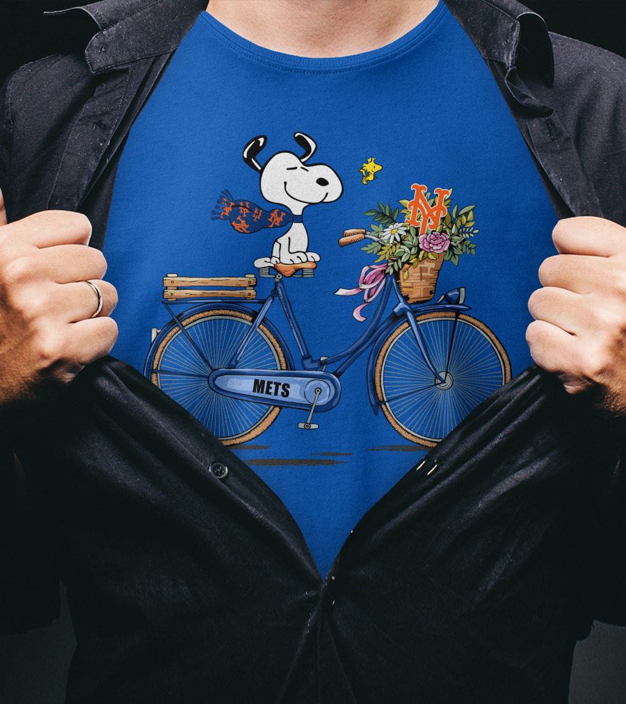 New York Mets Snoopy Bicycle Adventure With Baseball And Woodstock T-Shirt